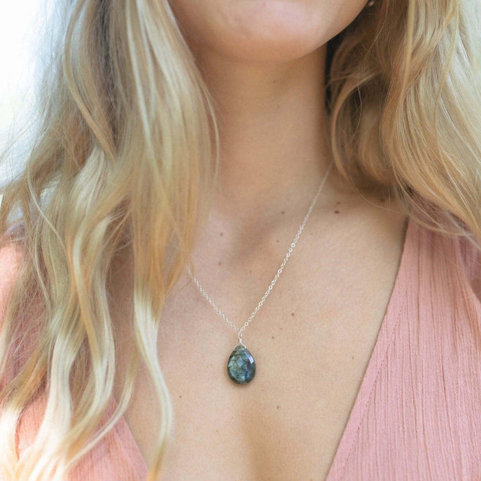 Large Labradorite Faceted Teardrop Crystal Pendant Necklace - Large Labradorite Faceted Teardrop Crystal Pendant Necklace - Sterling Silver / Cable - Luna Tide Handmade Crystal Jewellery