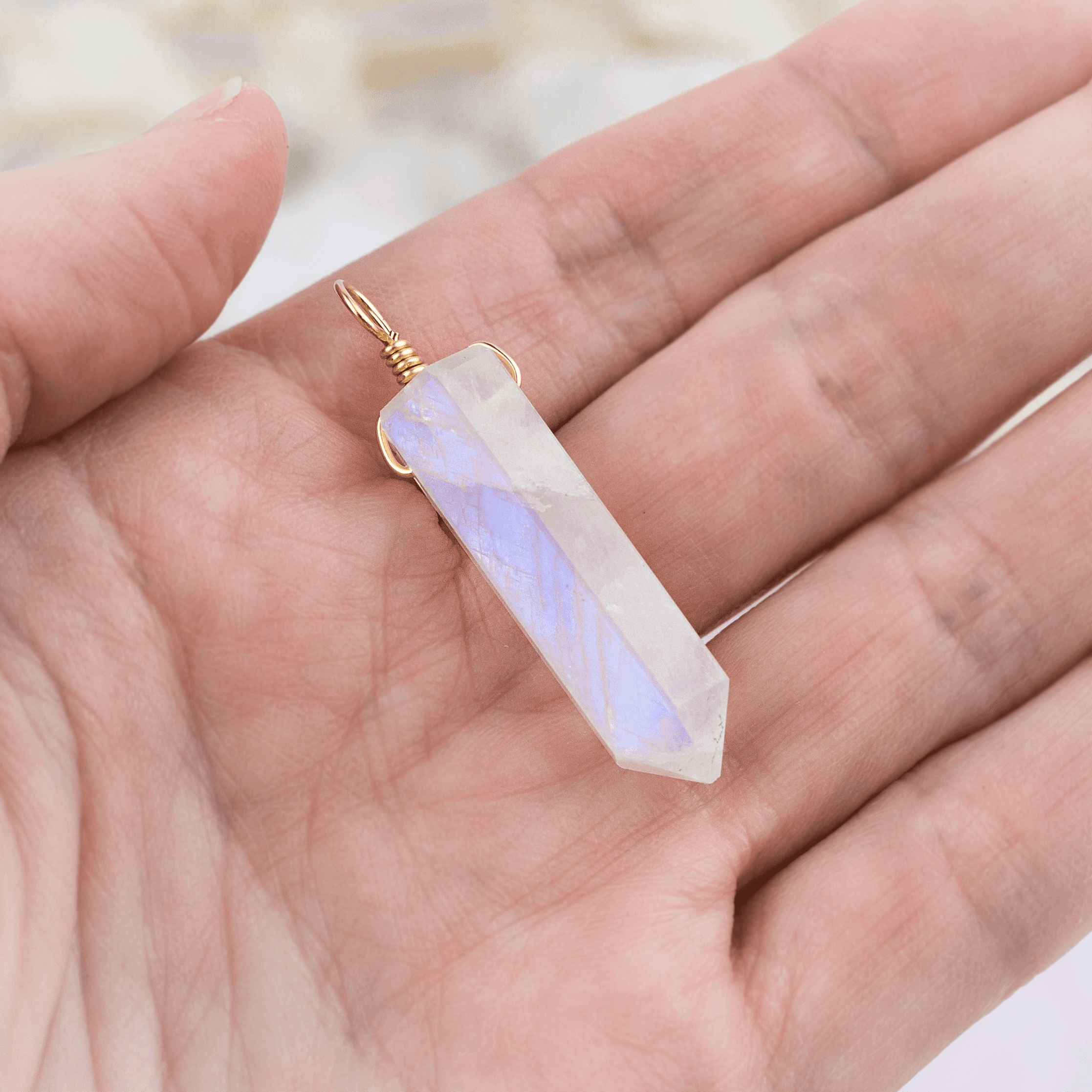 Large Rainbow Moonstone Crystal Tower Point Generator Pendant - Large Rainbow Moonstone Crystal Tower Point Generator Pendant - 14k Gold Fill - Luna Tide Handmade Crystal Jewellery