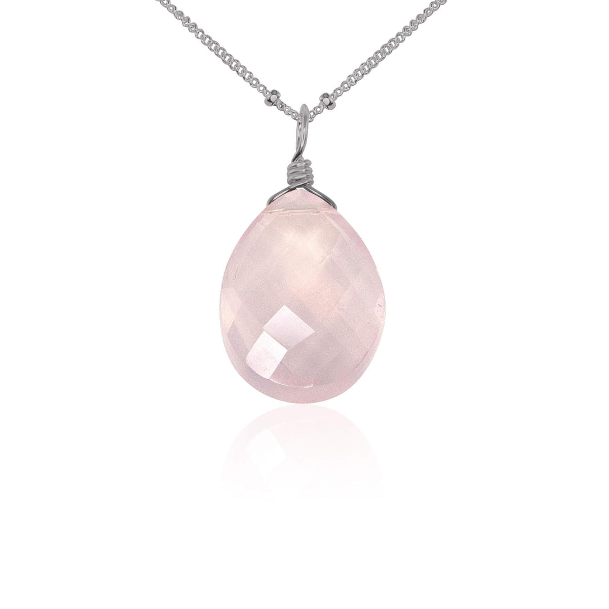 Large Rose Quartz Faceted Teardrop Crystal Pendant Necklace - Large Rose Quartz Faceted Teardrop Crystal Pendant Necklace - Stainless Steel / Satellite - Luna Tide Handmade Crystal Jewellery