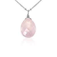 Large Rose Quartz Faceted Teardrop Crystal Pendant Necklace - Large Rose Quartz Faceted Teardrop Crystal Pendant Necklace - Stainless Steel / Satellite - Luna Tide Handmade Crystal Jewellery