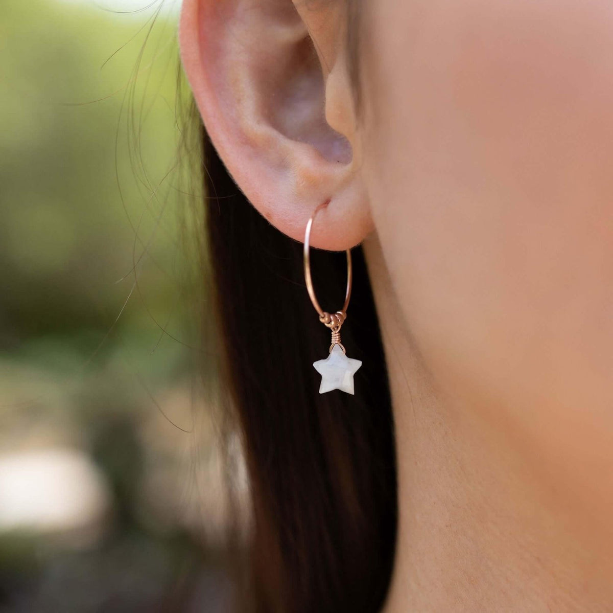 Little Rainbow Moonstone Star Hoop Earrings - Little Rainbow Moonstone Star Hoop Earrings - Sterling Silver - Luna Tide Handmade Crystal Jewellery