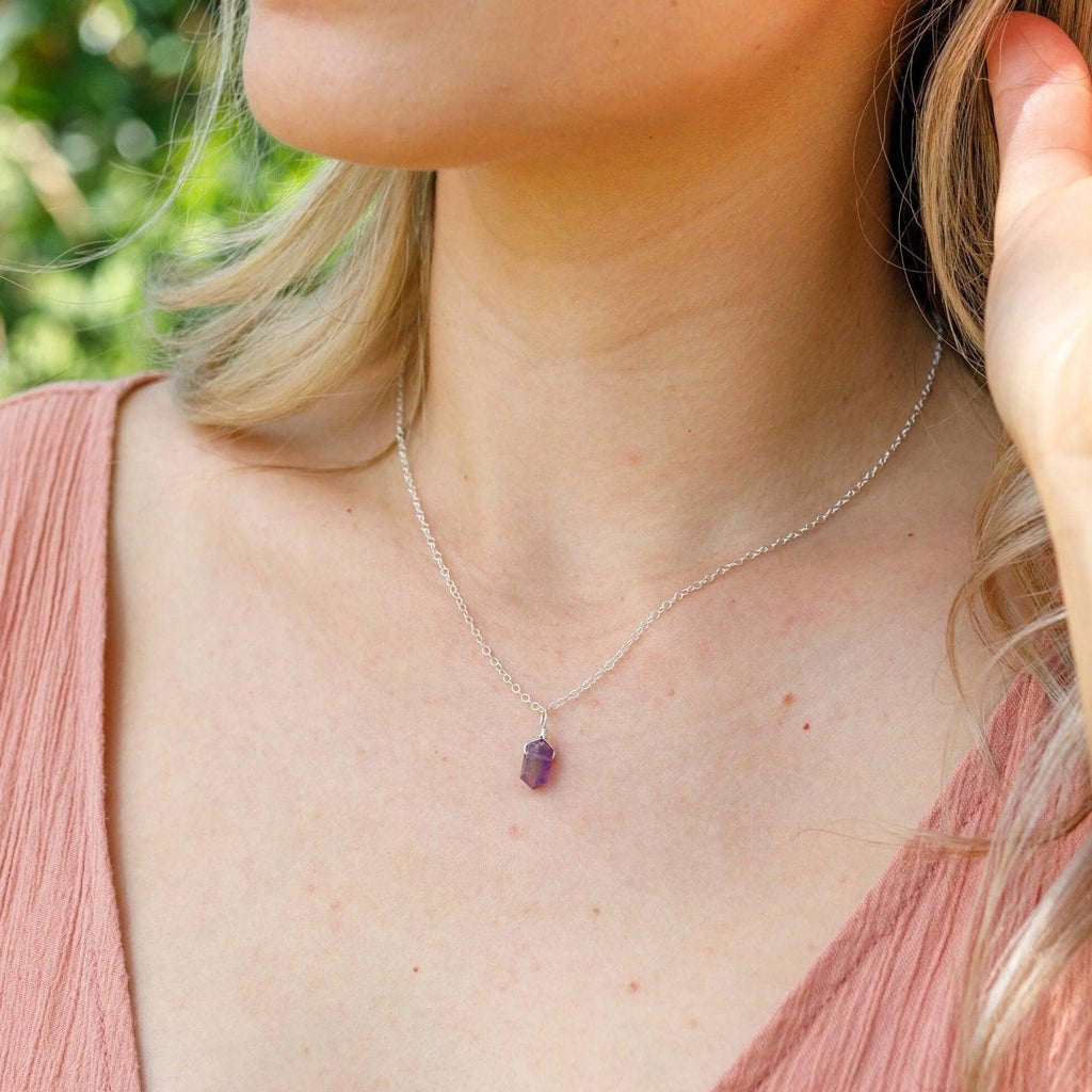 Mini Double Terminated Amethyst Crystal Point Pendant Necklace - Mini Double Terminated Amethyst Crystal Point Pendant Necklace - Sterling Silver / Satellite - Luna Tide Handmade Crystal Jewellery