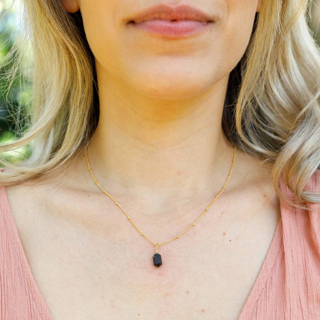 Mini Double Terminated Black Tourmaline Crystal Point Pendant Necklace - Mini Double Terminated Black Tourmaline Crystal Point Pendant Necklace - 14k Gold Fill / Satellite - Luna Tide Handmade Crystal Jewellery