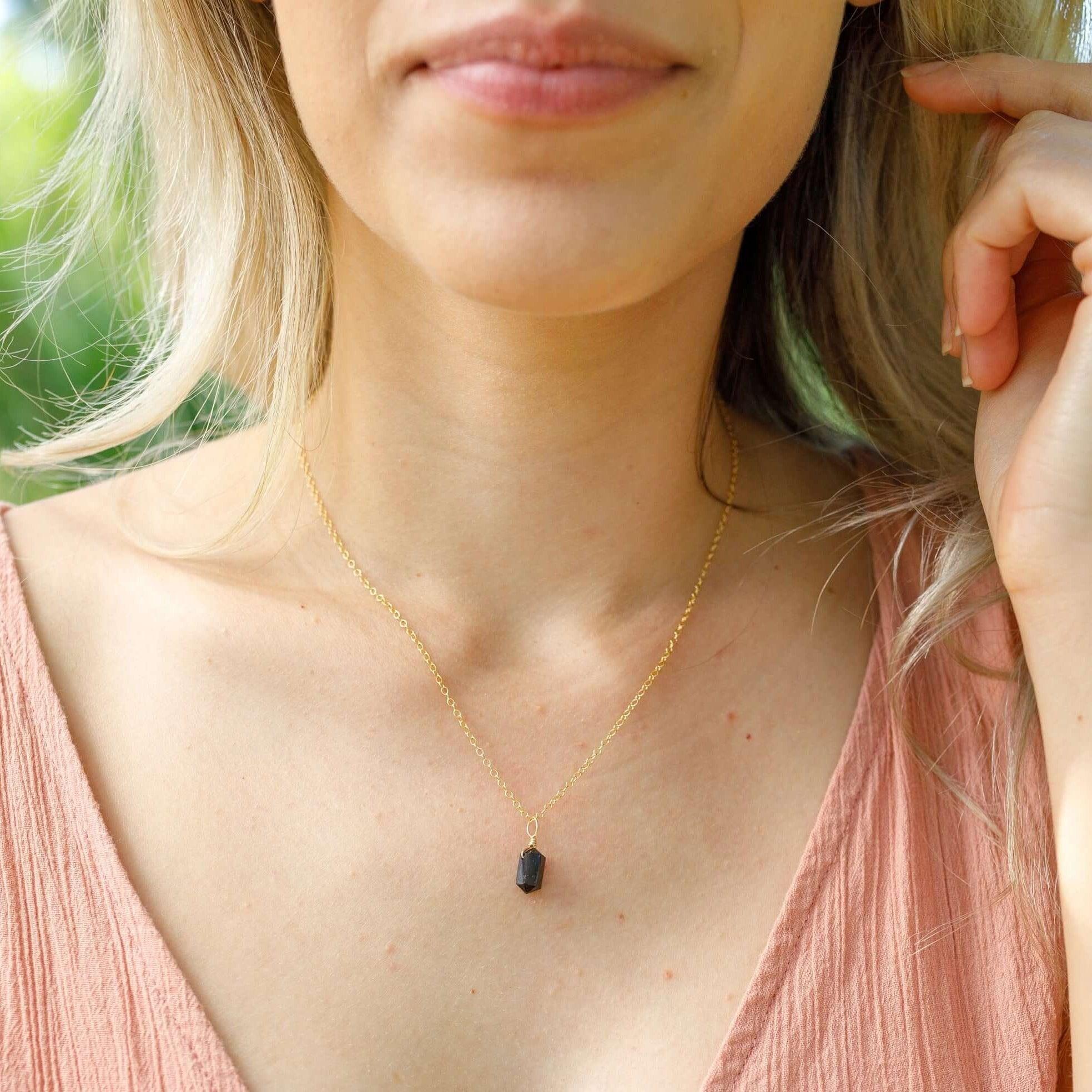 Mini Double Terminated Black Tourmaline Crystal Point Pendant Necklace - Mini Double Terminated Black Tourmaline Crystal Point Pendant Necklace - 14k Gold Fill / Satellite - Luna Tide Handmade Crystal Jewellery