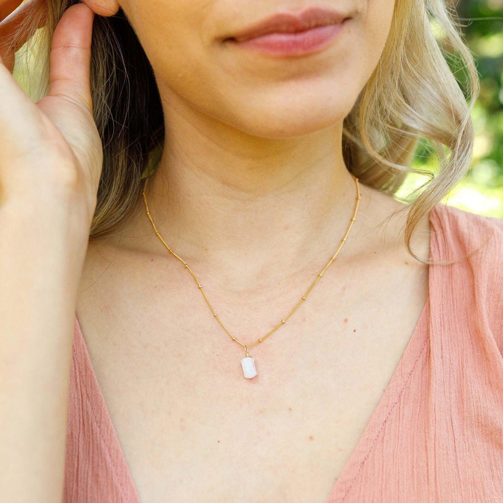 Mini Double Terminated Rainbow Moonstone Crystal Point Pendant Necklace - Mini Double Terminated Rainbow Moonstone Crystal Point Pendant Necklace - 14k Gold Fill / Satellite - Luna Tide Handmade Crystal Jewellery