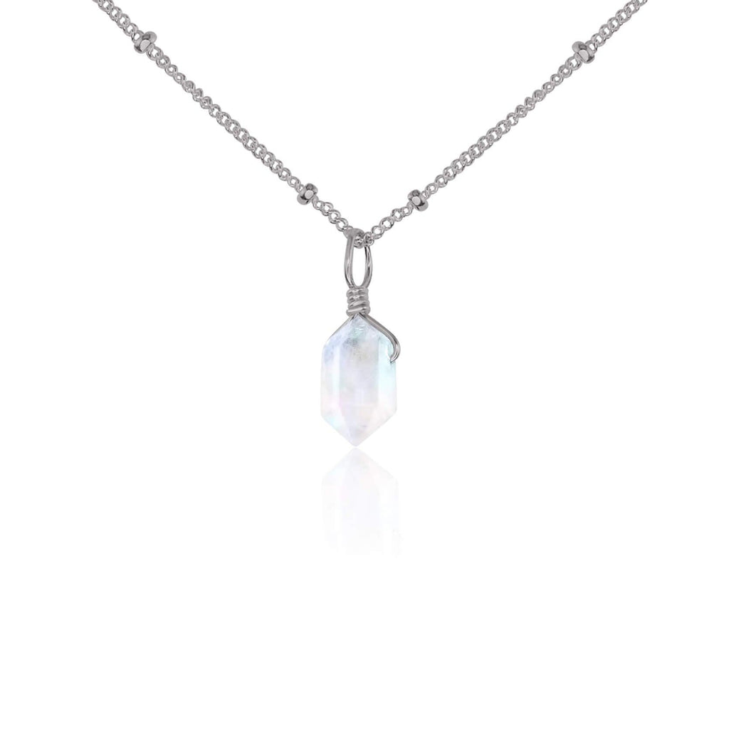 Mini Double Terminated Rainbow Moonstone Crystal Point Pendant Necklace - Mini Double Terminated Rainbow Moonstone Crystal Point Pendant Necklace - Stainless Steel / Satellite - Luna Tide Handmade Crystal Jewellery