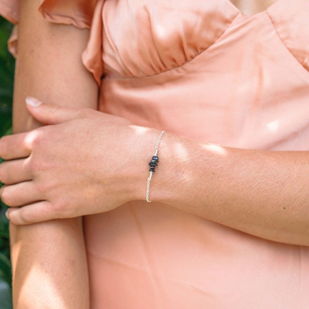 Obsidian Chip Bead Bar Bracelet - Obsidian Chip Bead Bar Bracelet - Sterling Silver - Luna Tide Handmade Crystal Jewellery