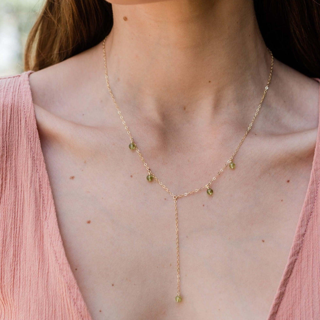 Peridot Boho Lariat Necklace - Peridot Boho Lariat Necklace - 14k Gold Fill - Luna Tide Handmade Crystal Jewellery