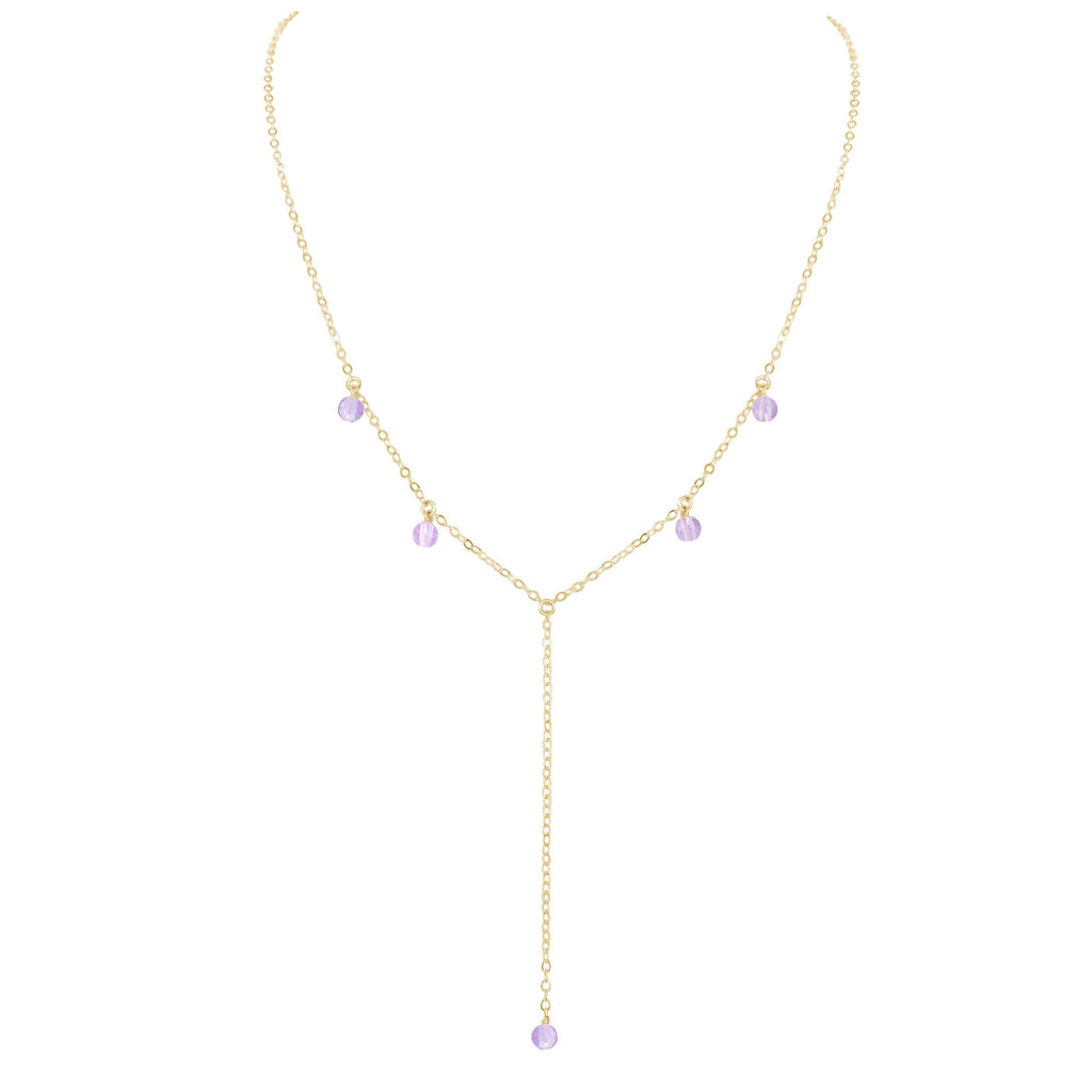 Pink Amethyst Crystal Boho Lariat Necklace - Pink Amethyst Crystal Boho Lariat Necklace - 14k Gold Fill - Luna Tide Handmade Crystal Jewellery