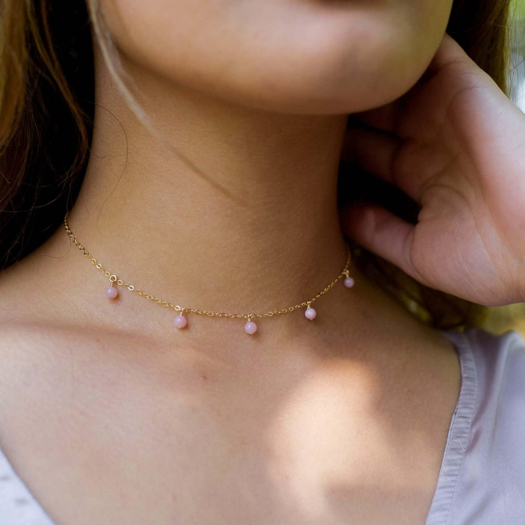 Pink Peruvian Opal Bead Drop Choker - Pink Peruvian Opal Bead Drop Choker - Sterling Silver - Luna Tide Handmade Crystal Jewellery