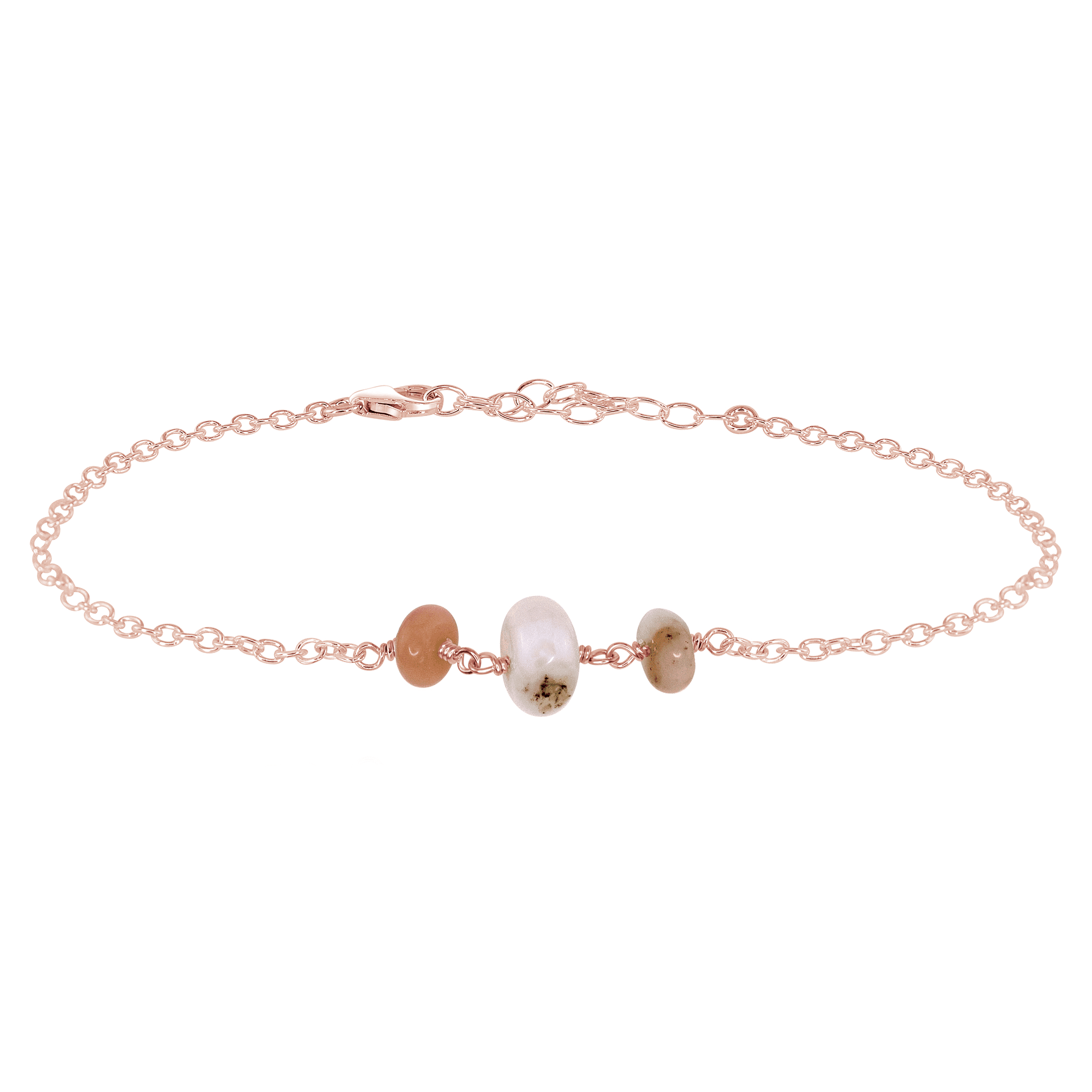 Pink Peruvian Opal Beaded Chain Anklet - Pink Peruvian Opal Beaded Chain Anklet - 14k Rose Gold Fill - Luna Tide Handmade Crystal Jewellery