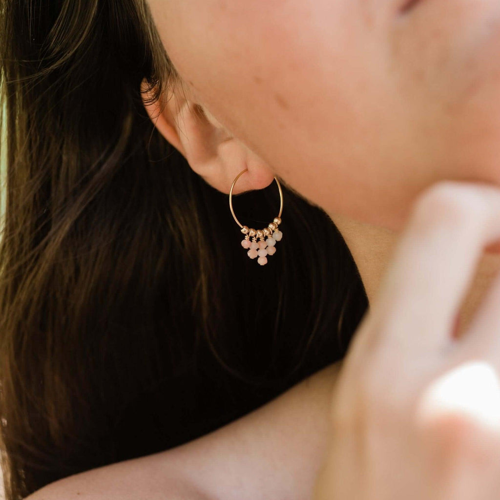 Pink Peruvian Opal Statement Hoop Earrings - Pink Peruvian Opal Statement Hoop Earrings - 14k Gold Fill - Luna Tide Handmade Crystal Jewellery