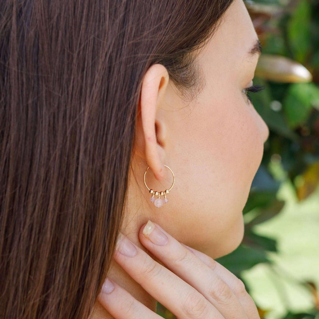 Pink Rose Quartz Gemstone Bead Drop Hoop Earrings - Pink Rose Quartz Gemstone Bead Drop Hoop Earrings - 14k Gold Fill - Luna Tide Handmade Crystal Jewellery