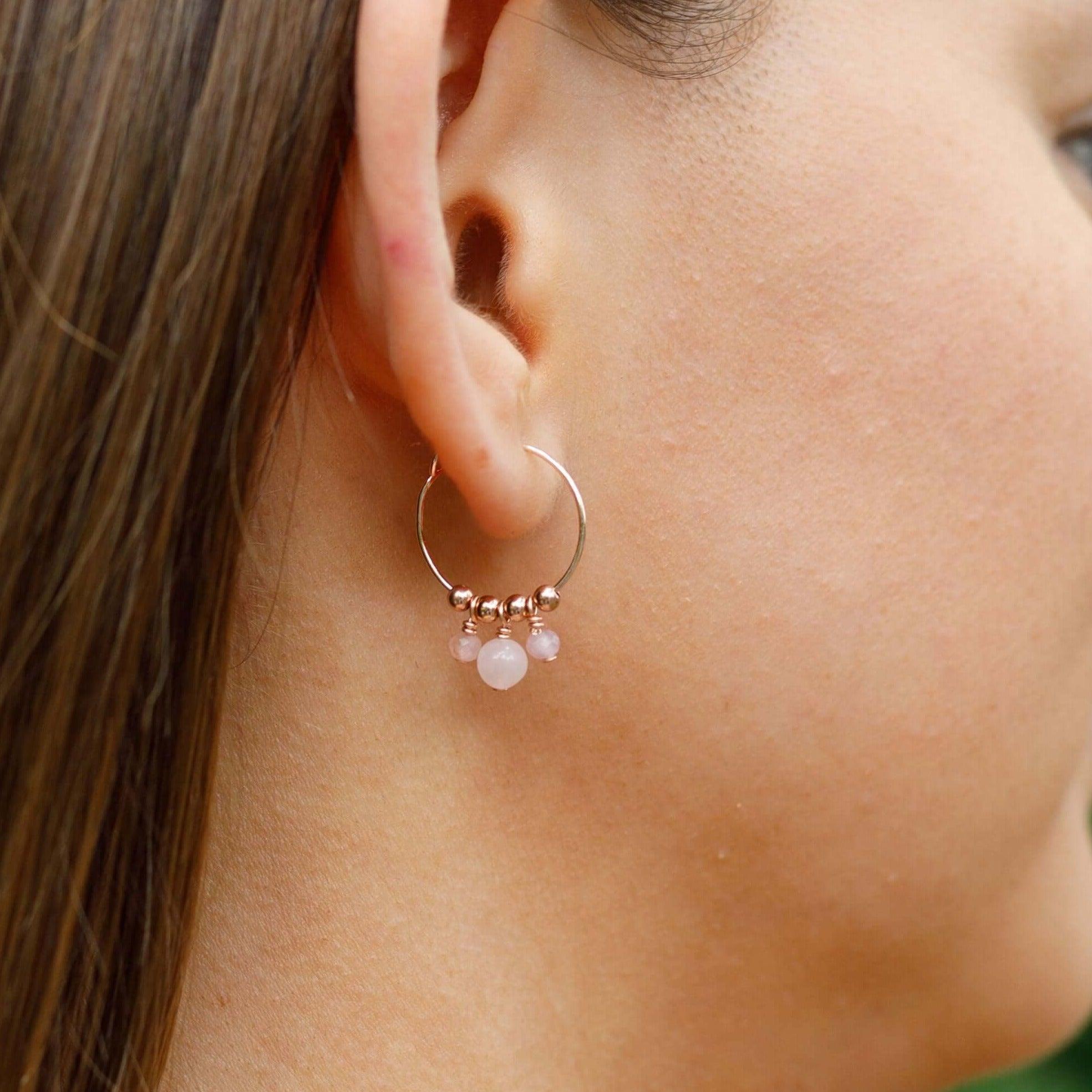 Pink Rose Quartz Gemstone Bead Drop Hoop Earrings - Pink Rose Quartz Gemstone Bead Drop Hoop Earrings - 14k Gold Fill - Luna Tide Handmade Crystal Jewellery
