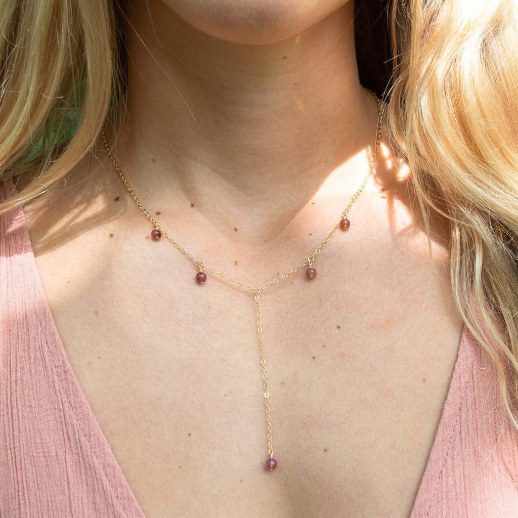 Pink Tourmaline Boho Lariat Necklace - Pink Tourmaline Boho Lariat Necklace - Sterling Silver - Luna Tide Handmade Crystal Jewellery