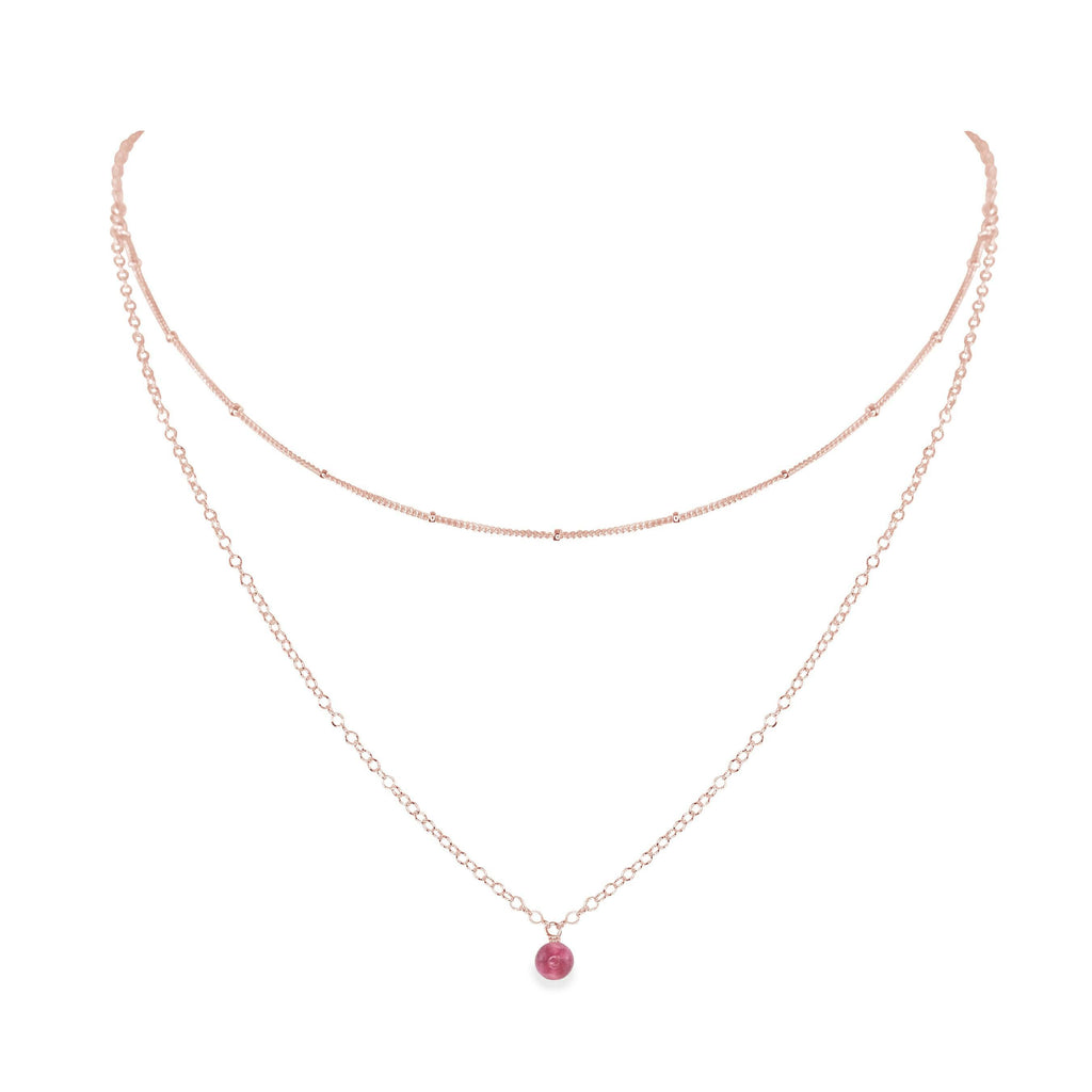Pink Tourmaline Gemstone Chain Layered Choker Necklace - Pink Tourmaline Gemstone Chain Layered Choker Necklace - 14k Rose Gold Fill - Luna Tide Handmade Crystal Jewellery