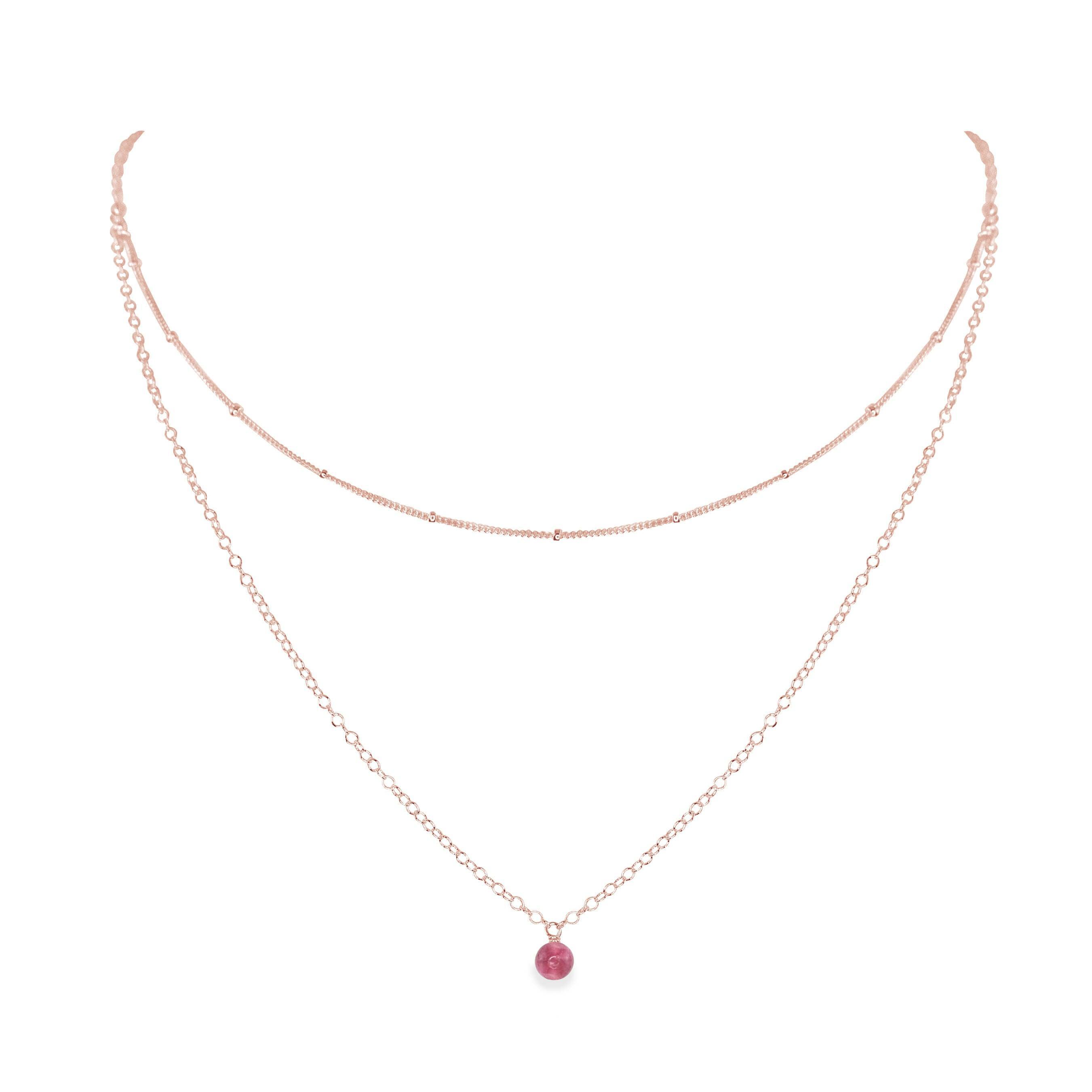 Pink Tourmaline Gemstone Chain Layered Choker Necklace - Pink Tourmaline Gemstone Chain Layered Choker Necklace - 14k Rose Gold Fill - Luna Tide Handmade Crystal Jewellery