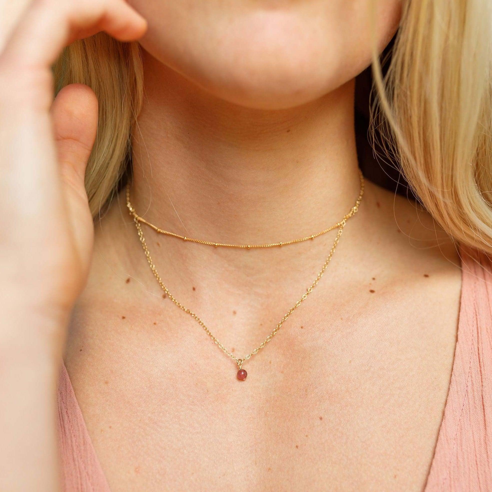 Pink Tourmaline Gemstone Chain Layered Choker Necklace - Pink Tourmaline Gemstone Chain Layered Choker Necklace - Sterling Silver - Luna Tide Handmade Crystal Jewellery