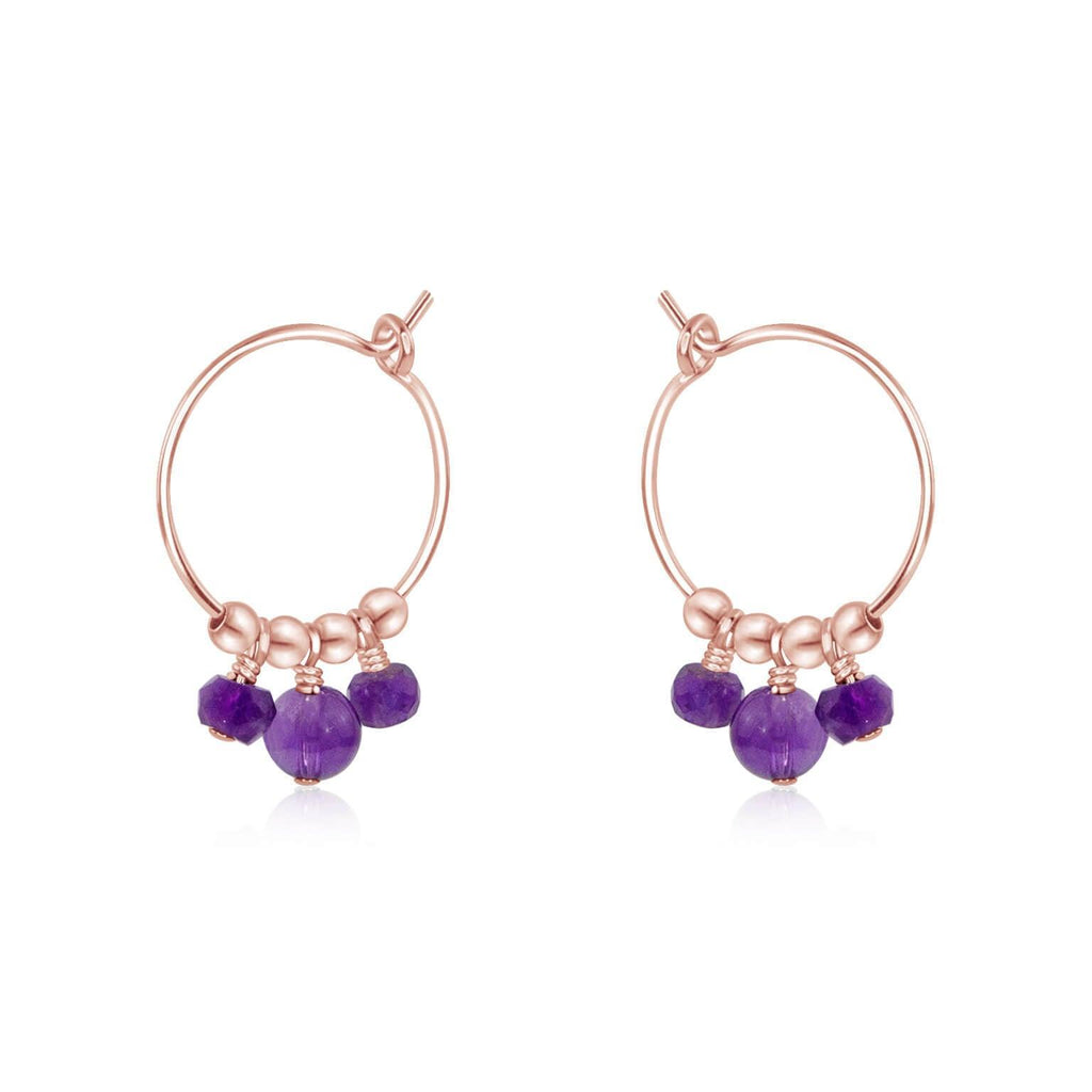 Purple Amethyst Gemstone Bead Drop Hoop Earrings - Purple Amethyst Gemstone Bead Drop Hoop Earrings - 14k Rose Gold Fill - Luna Tide Handmade Crystal Jewellery