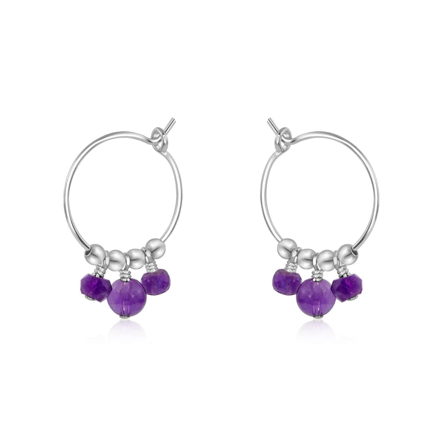 Purple Amethyst Gemstone Bead Drop Hoop Earrings - Purple Amethyst Gemstone Bead Drop Hoop Earrings - Sterling Silver - Luna Tide Handmade Crystal Jewellery