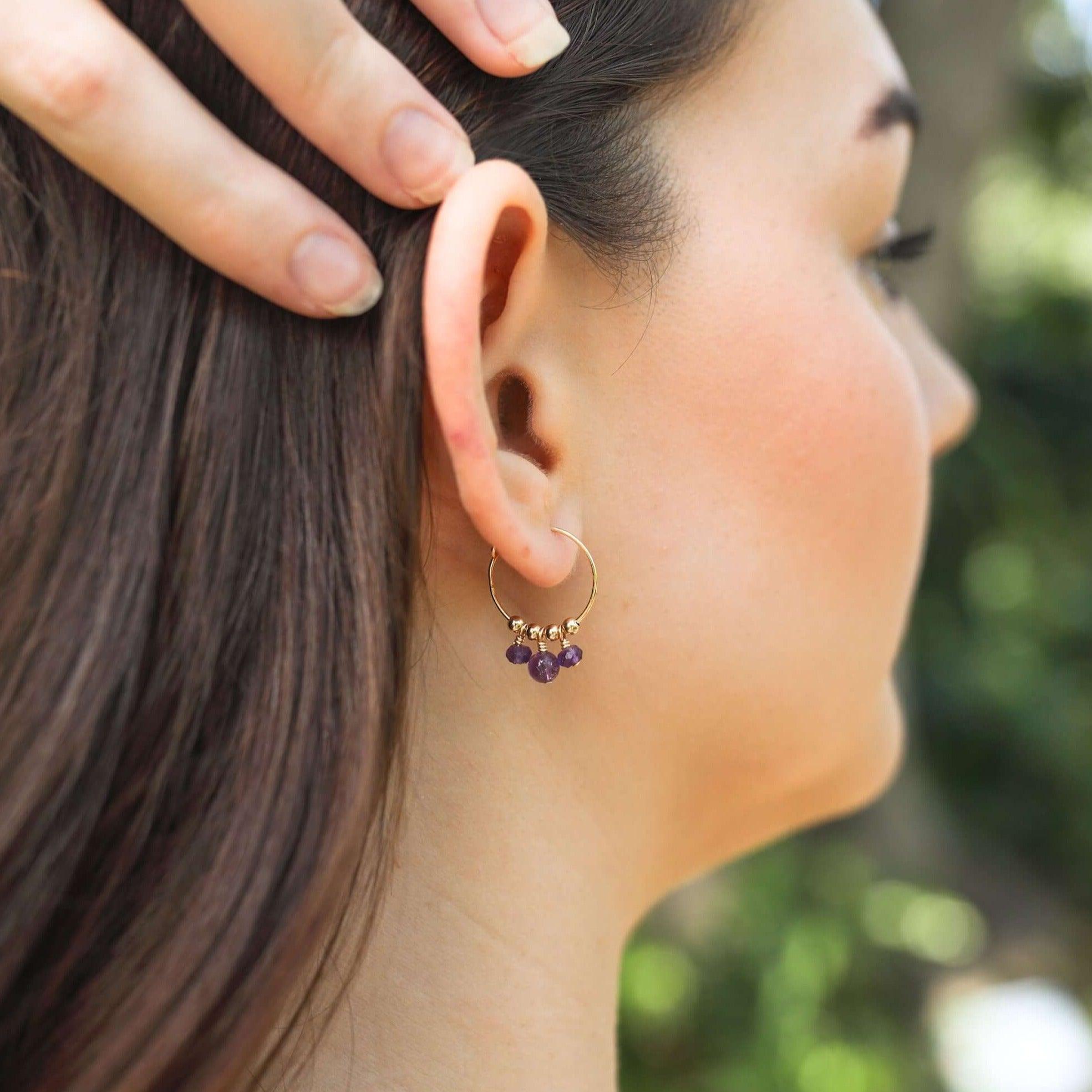 Purple Amethyst Gemstone Bead Drop Hoop Earrings - Purple Amethyst Gemstone Bead Drop Hoop Earrings - Sterling Silver - Luna Tide Handmade Crystal Jewellery