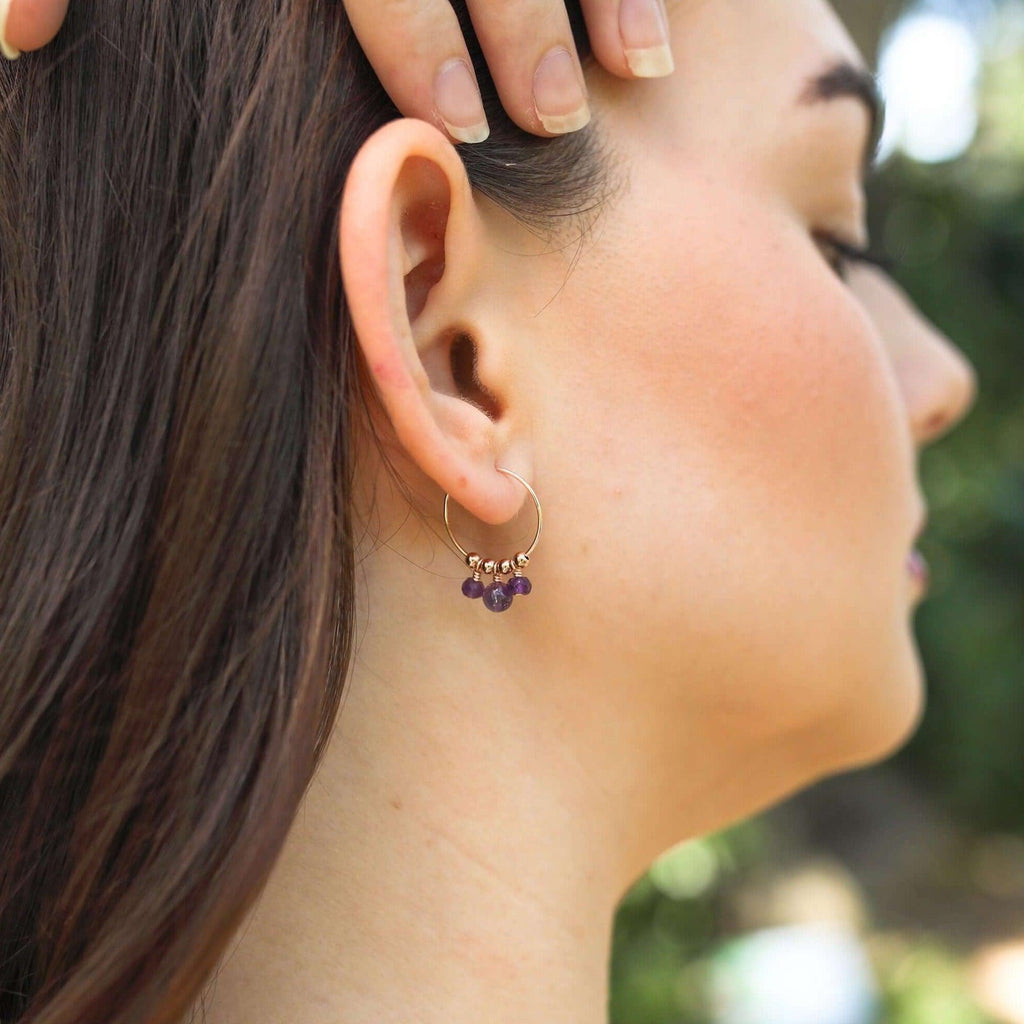 Purple Amethyst Gemstone Bead Drop Hoop Earrings - Purple Amethyst Gemstone Bead Drop Hoop Earrings - Sterling Silver - Luna Tide Handmade Crystal Jewellery