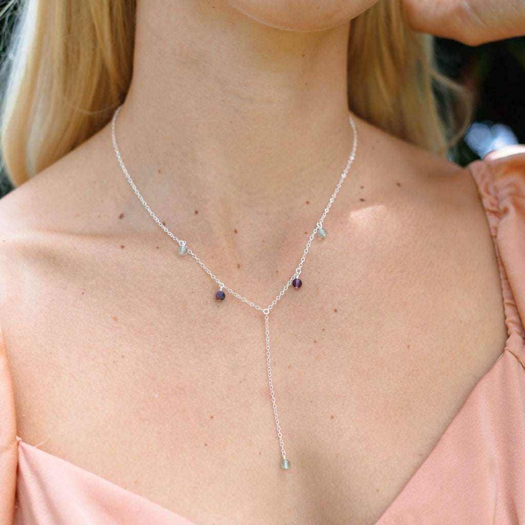 Rainbow Fluorite Crystal Boho Lariat Necklace - Rainbow Fluorite Crystal Boho Lariat Necklace - Sterling Silver - Luna Tide Handmade Crystal Jewellery