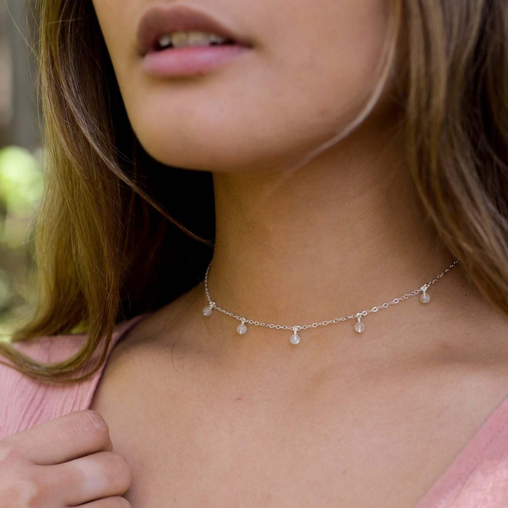 Rainbow Moonstone Bead Drop Choker - Rainbow Moonstone Bead Drop Choker - Sterling Silver - Luna Tide Handmade Crystal Jewellery
