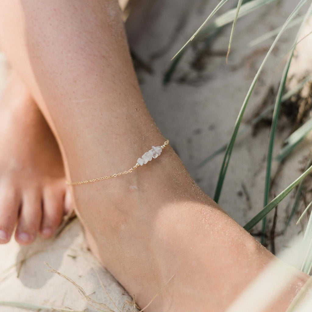 Rainbow moonstone Chip Bead Bar Anklet - Rainbow moonstone Chip Bead Bar Anklet - Sterling Silver - Luna Tide Handmade Crystal Jewellery