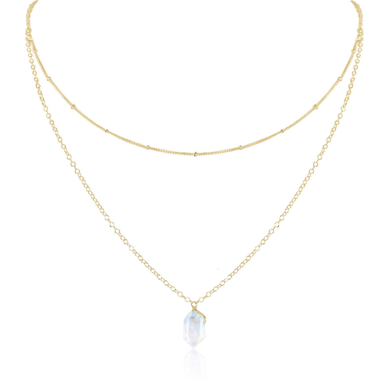 Double Terminated Crystal Layered Choker - Rainbow Moonstone - 14K Gold Fill - Luna Tide Handmade Jewellery