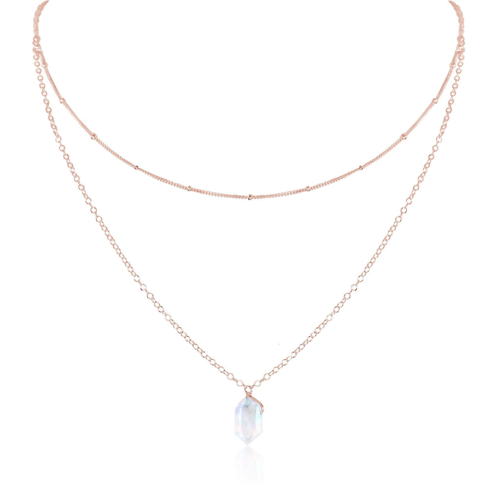 Rainbow Moonstone Double Terminated Crystal Chain Layered Choker Necklace - Rainbow Moonstone Double Terminated Crystal Chain Layered Choker Necklace - 14k Rose Gold Fill - Luna Tide Handmade Crystal Jewellery