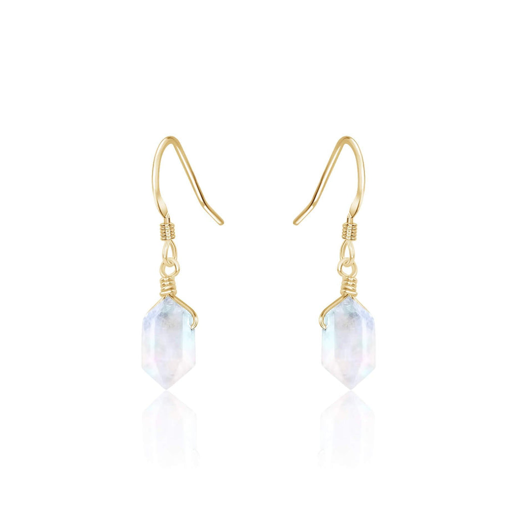 Rainbow Moonstone Mini Double Terminated Crystal Point Dangle Drop Earrings - Rainbow Moonstone Mini Double Terminated Crystal Point Dangle Drop Earrings - 14k Gold Fill - Luna Tide Handmade Crystal Jewellery