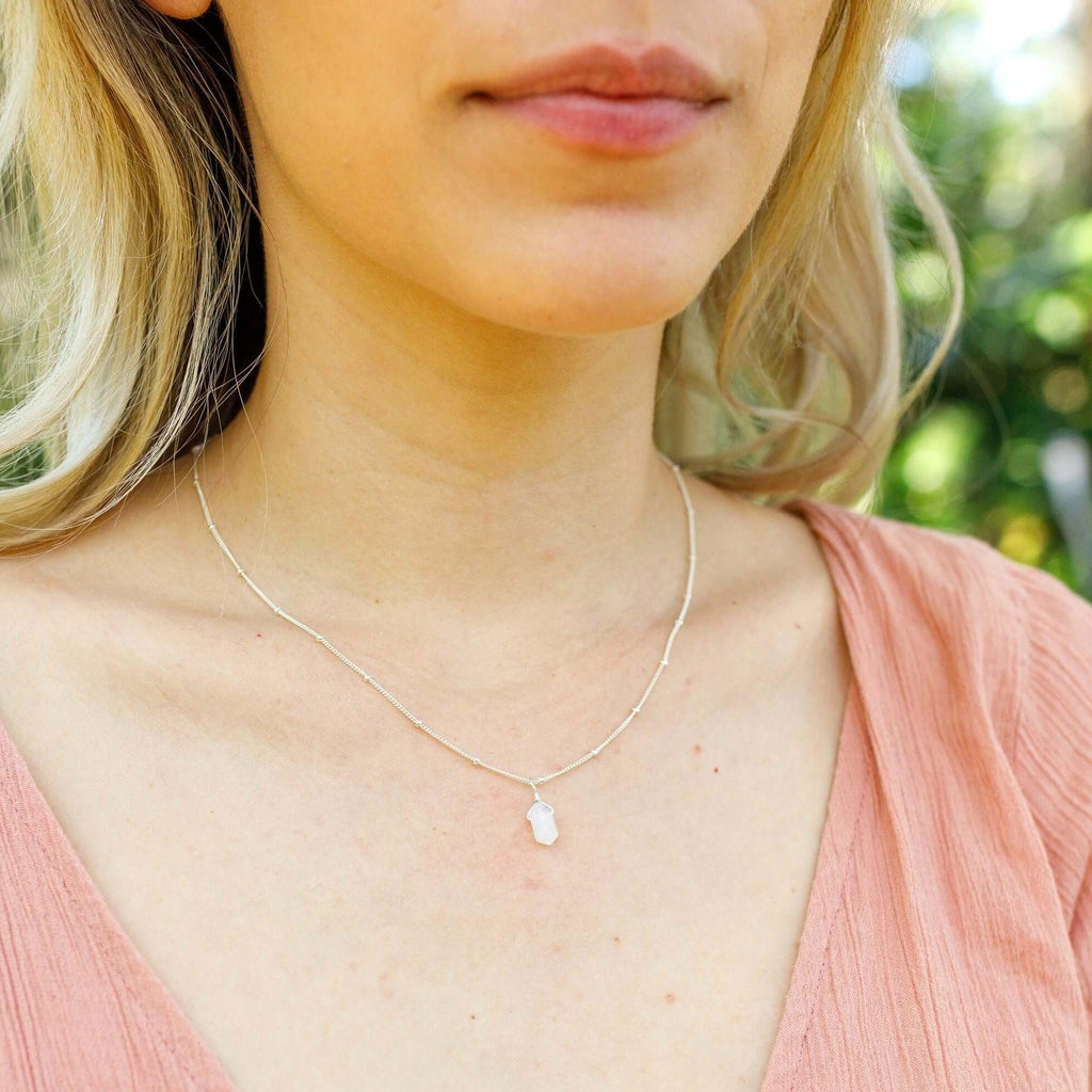 Rainbow Moonstone Mini Double Terminated Crystal Point Pendant Necklace - Rainbow Moonstone Mini Double Terminated Crystal Point Pendant Necklace - 14k Gold Fill / Cable - Luna Tide Handmade Crystal Jewellery