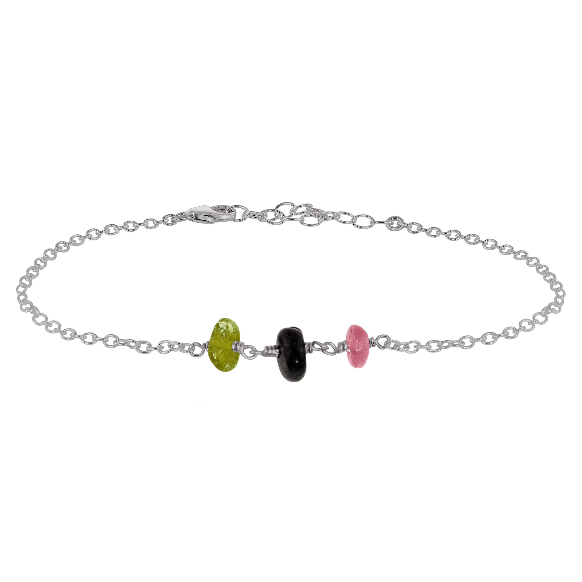 Rainbow Tourmaline Beaded Chain Anklet - Rainbow Tourmaline Beaded Chain Anklet - Stainless Steel - Luna Tide Handmade Crystal Jewellery