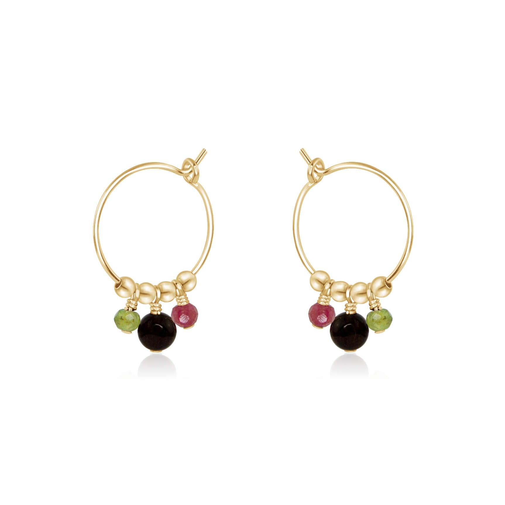 Rainbow Tourmaline Gemstone Bead Drop Hoop Earrings - Rainbow Tourmaline Gemstone Bead Drop Hoop Earrings - 14k Gold Fill - Luna Tide Handmade Crystal Jewellery