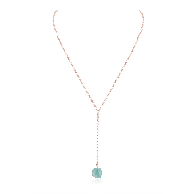 Raw Amazonite Crystal Lariat Necklace - Raw Amazonite Crystal Lariat Necklace - 14k Rose Gold Fill - Luna Tide Handmade Crystal Jewellery