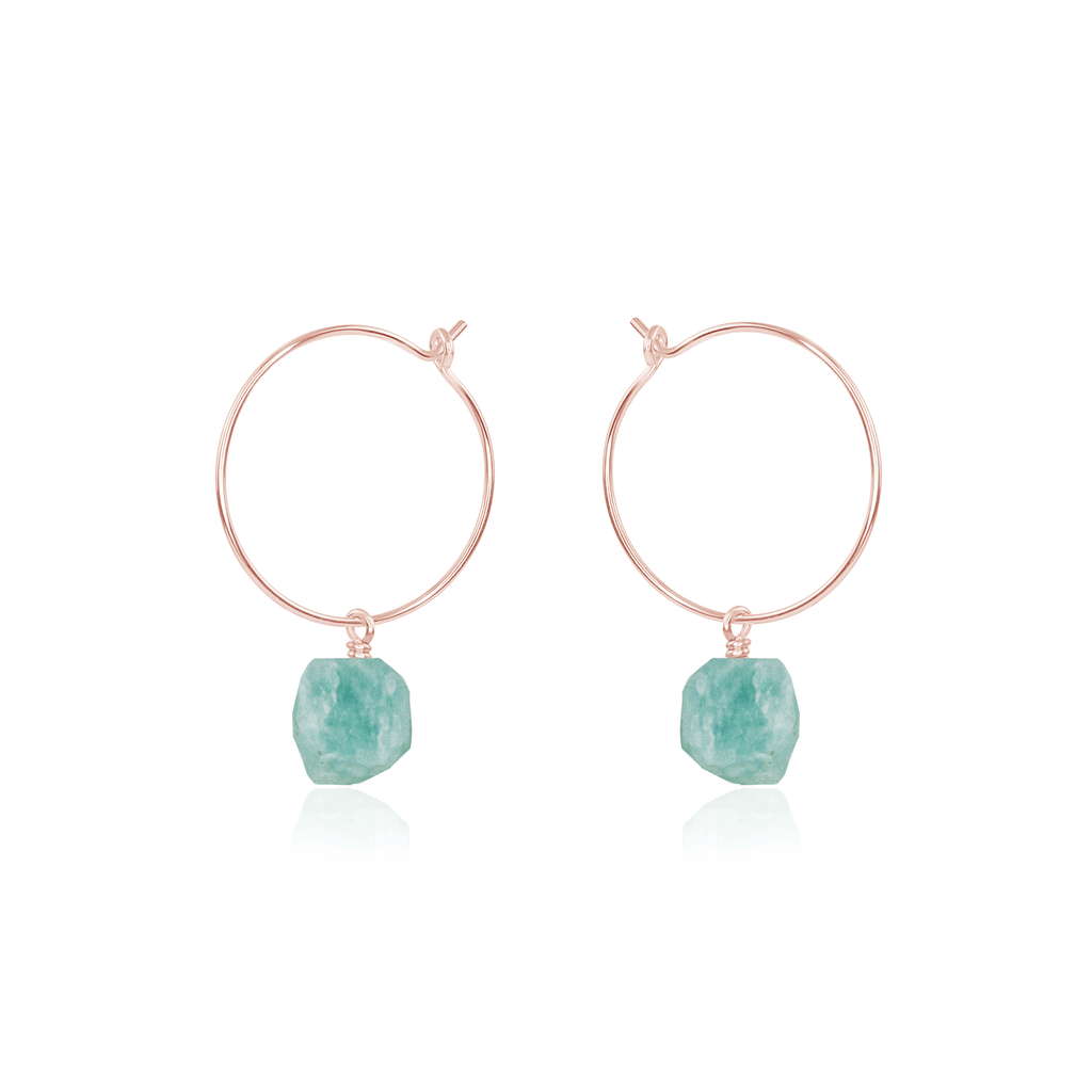 Raw Amazonite Gemstone Dangle Hoop Earrings - Raw Amazonite Gemstone Dangle Hoop Earrings - 14k Rose Gold Fill - Luna Tide Handmade Crystal Jewellery