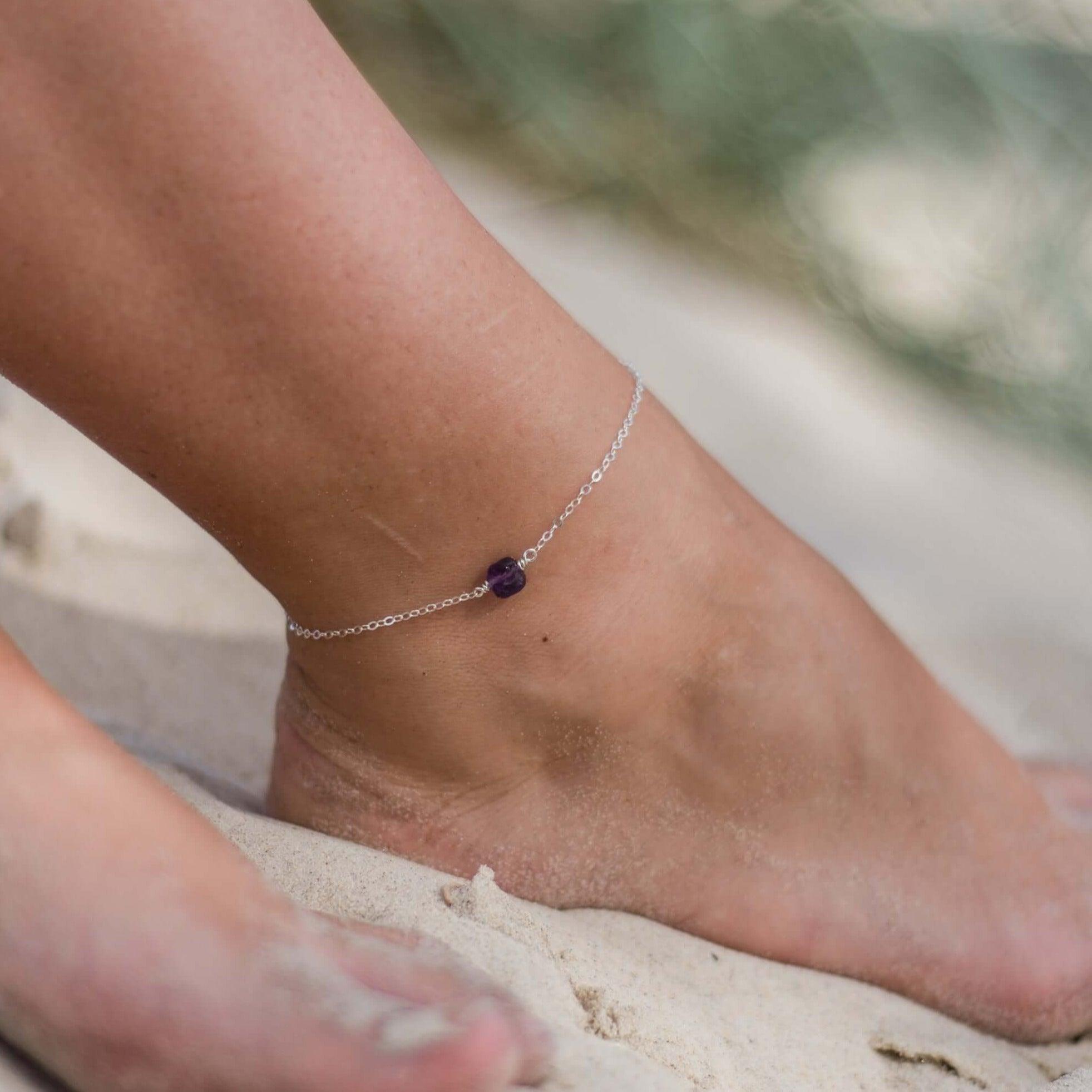 Raw Amethyst Crystal Nugget Anklet - Raw Amethyst Crystal Nugget Anklet - Sterling Silver - Luna Tide Handmade Crystal Jewellery