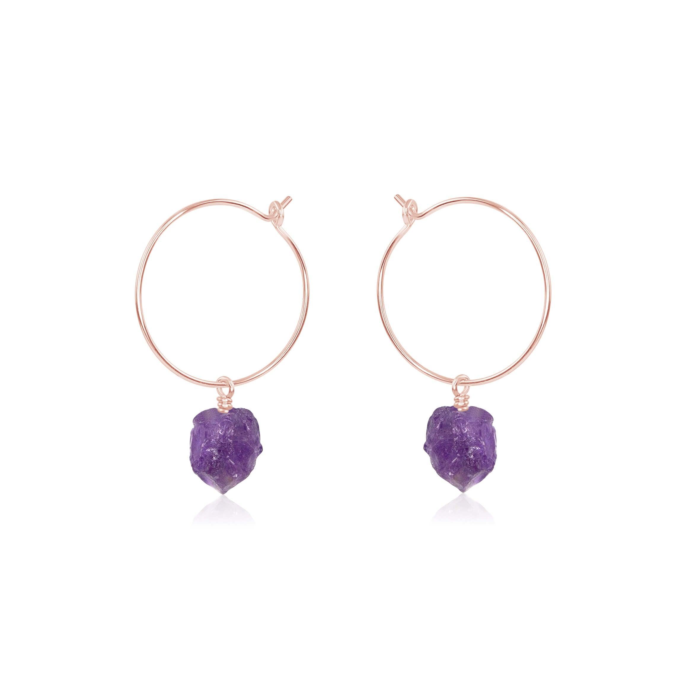 Raw Amethyst Gemstone Dangle Hoop Earrings - Raw Amethyst Gemstone Dangle Hoop Earrings - 14k Rose Gold Fill - Luna Tide Handmade Crystal Jewellery