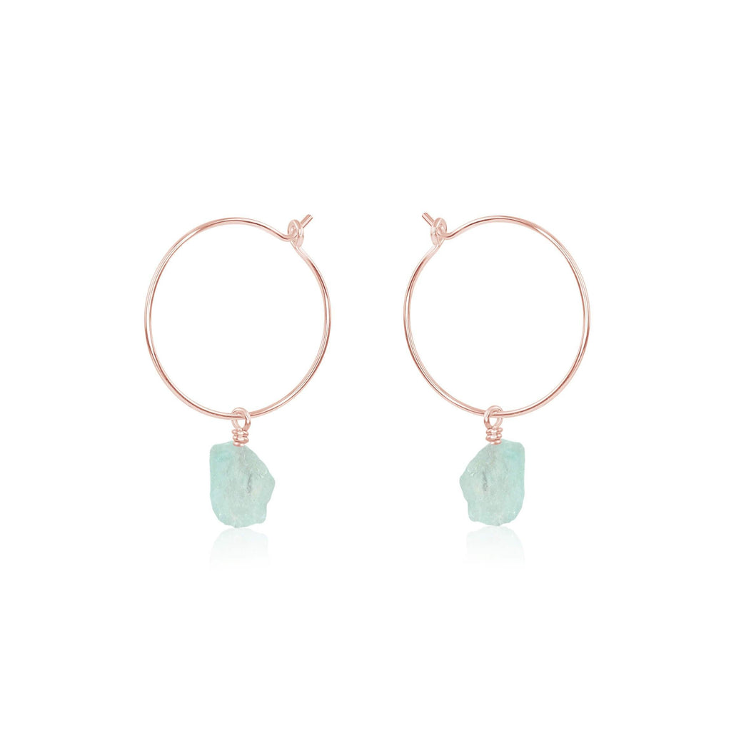 Raw Aquamarine Gemstone Dangle Hoop Earrings - Raw Aquamarine Gemstone Dangle Hoop Earrings - 14k Rose Gold Fill - Luna Tide Handmade Crystal Jewellery