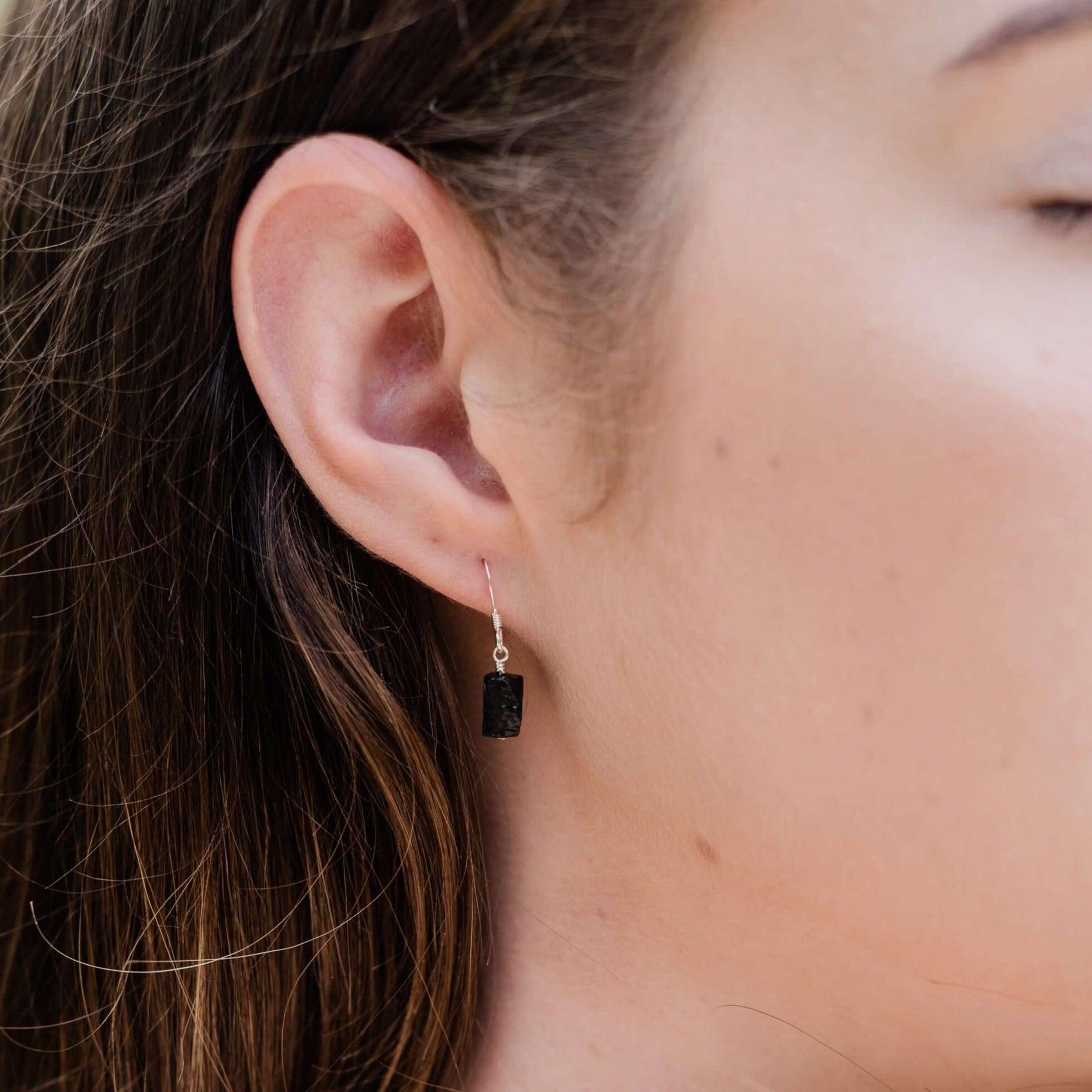Raw Black Tourmaline Crystal Dangle Drop Earrings - Raw Black Tourmaline Crystal Dangle Drop Earrings - Sterling Silver - Luna Tide Handmade Crystal Jewellery