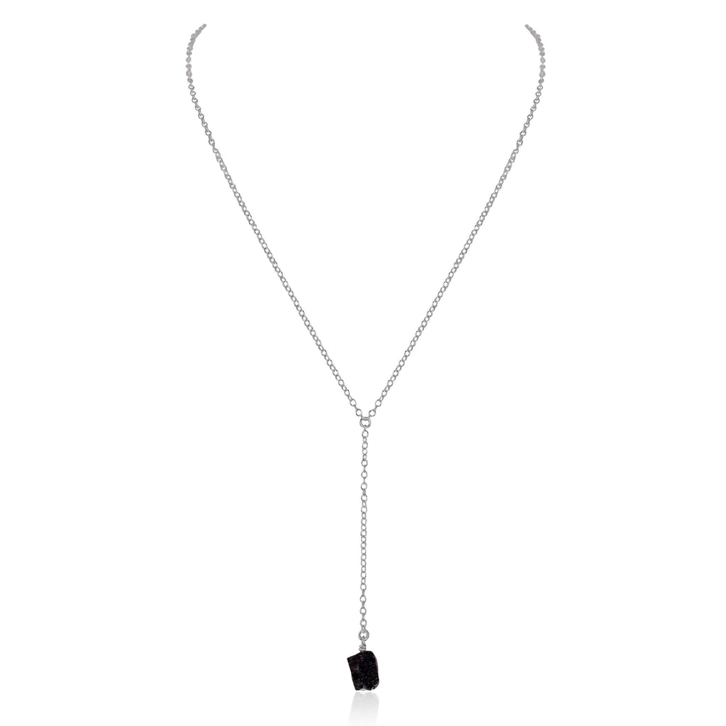 Raw Black Tourmaline Crystal Lariat Necklace - Raw Black Tourmaline Crystal Lariat Necklace - Stainless Steel - Luna Tide Handmade Crystal Jewellery