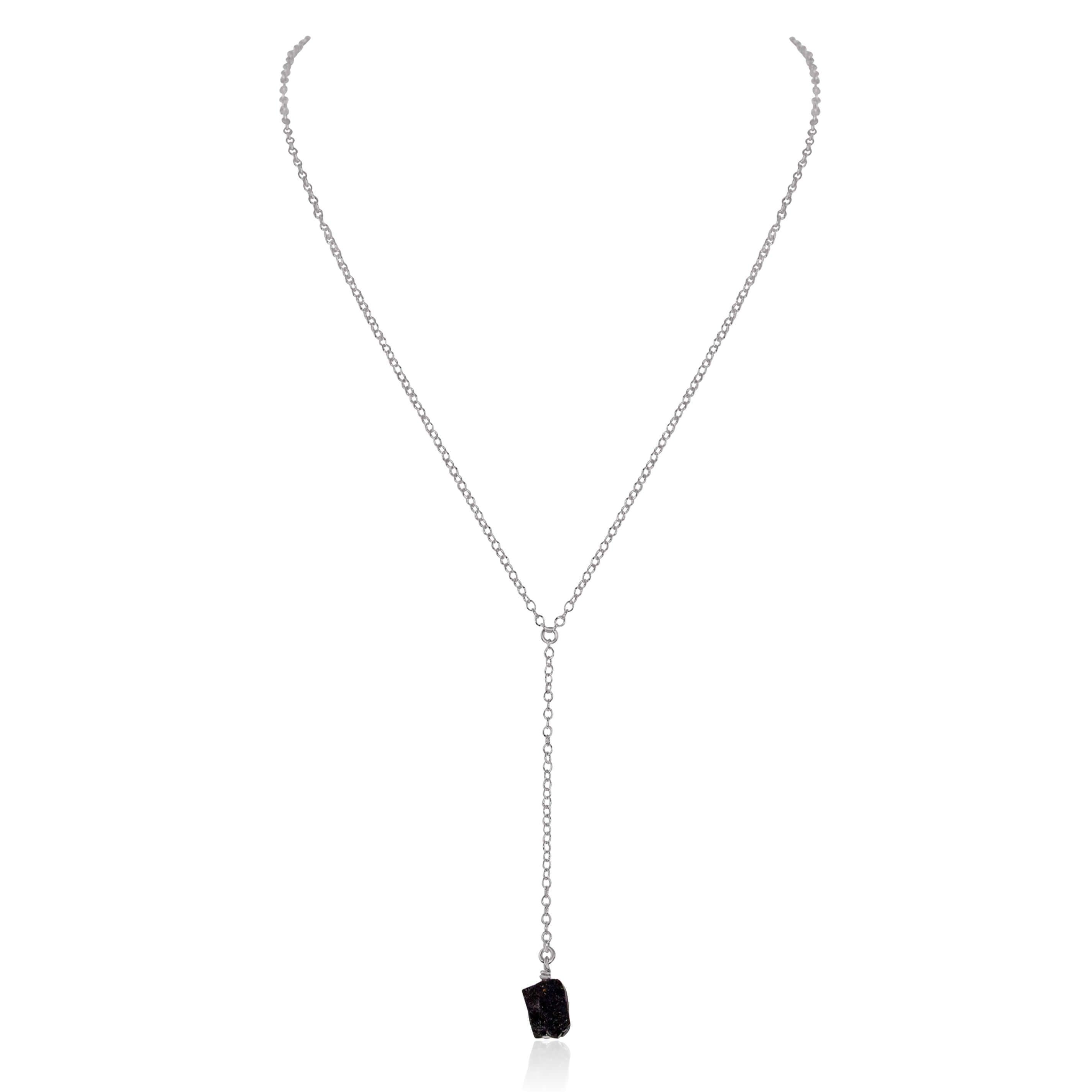 Raw Black Tourmaline Crystal Lariat Necklace - Raw Black Tourmaline Crystal Lariat Necklace - Stainless Steel - Luna Tide Handmade Crystal Jewellery