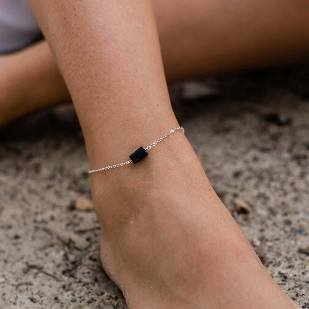 Raw Black Tourmaline Crystal Nugget Anklet - Raw Black Tourmaline Crystal Nugget Anklet - Sterling Silver - Luna Tide Handmade Crystal Jewellery
