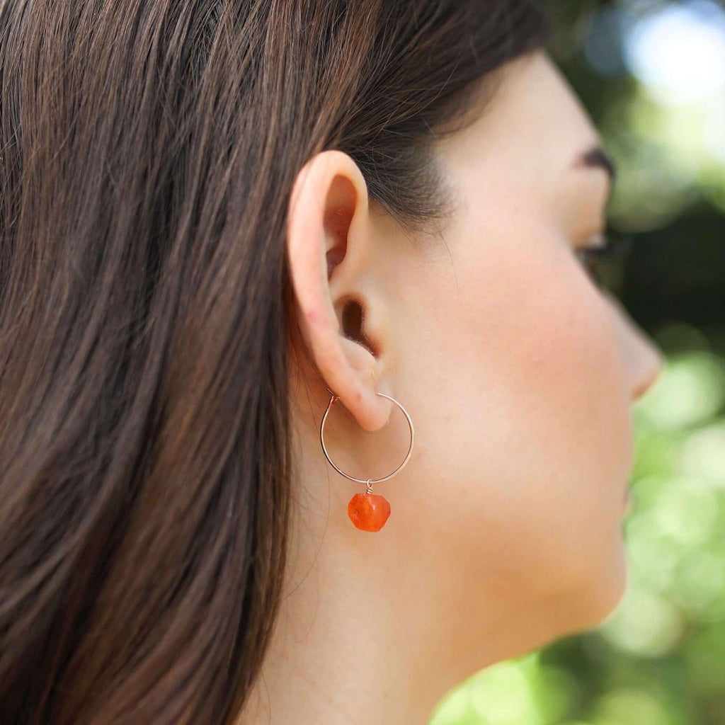 Raw Carnelian Gemstone Dangle Hoop Earrings - Raw Carnelian Gemstone Dangle Hoop Earrings - Sterling Silver - Luna Tide Handmade Crystal Jewellery
