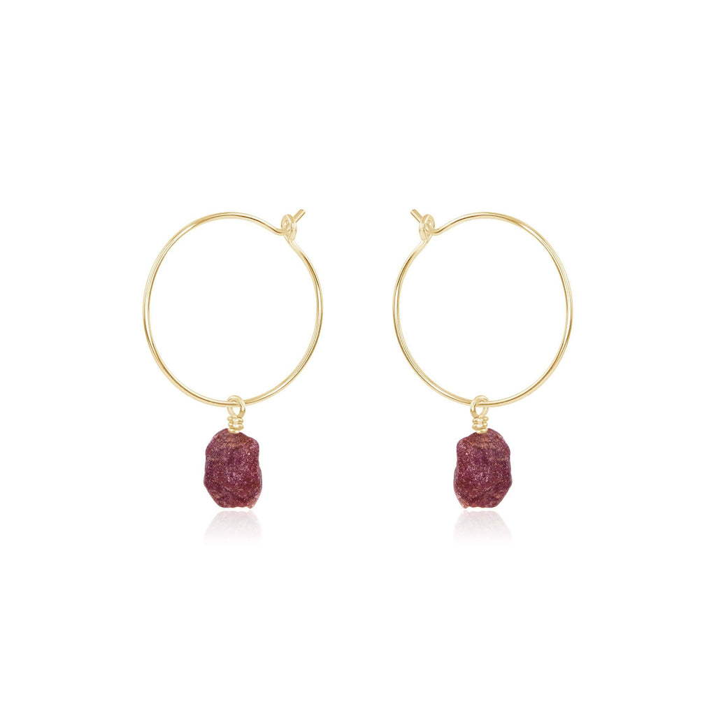 Raw Earth Red Ruby Gemstone Dangle Hoop Earrings - Raw Earth Red Ruby Gemstone Dangle Hoop Earrings - 14k Gold Fill - Luna Tide Handmade Crystal Jewellery