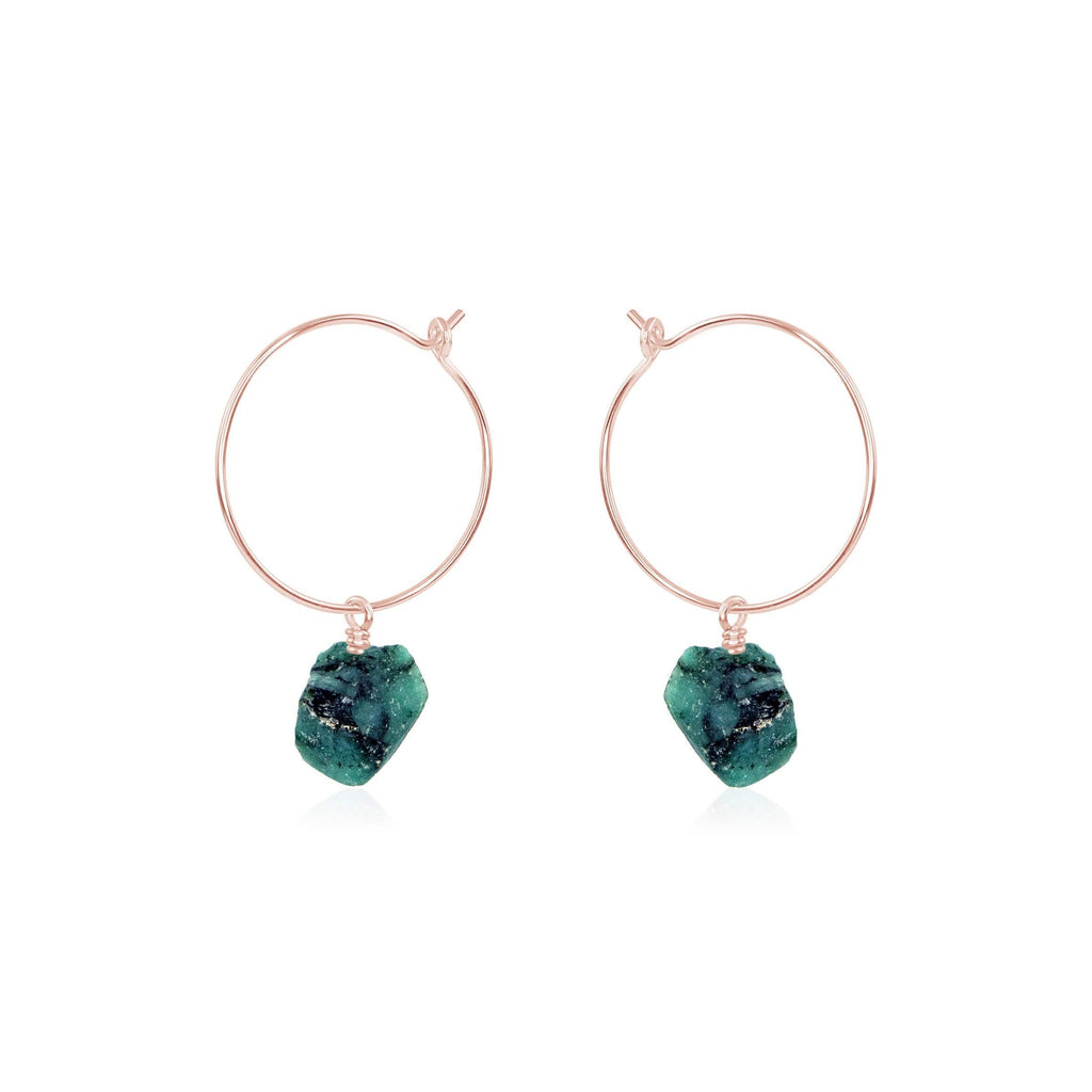 Raw Emerald Gemstone Dangle Hoop Earrings - Raw Emerald Gemstone Dangle Hoop Earrings - 14k Rose Gold Fill - Luna Tide Handmade Crystal Jewellery