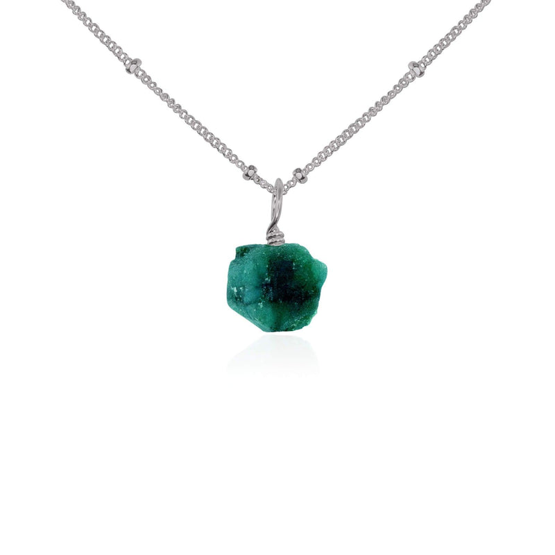 Raw Crystal Pendant Necklace - Emerald - Stainless Steel Satellite - Luna Tide Handmade Jewellery