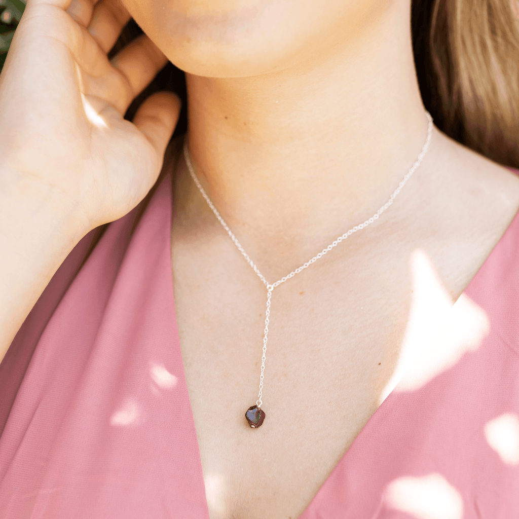 Raw Garnet Crystal Lariat Necklace - Raw Garnet Crystal Lariat Necklace - 14k Gold Fill - Luna Tide Handmade Crystal Jewellery