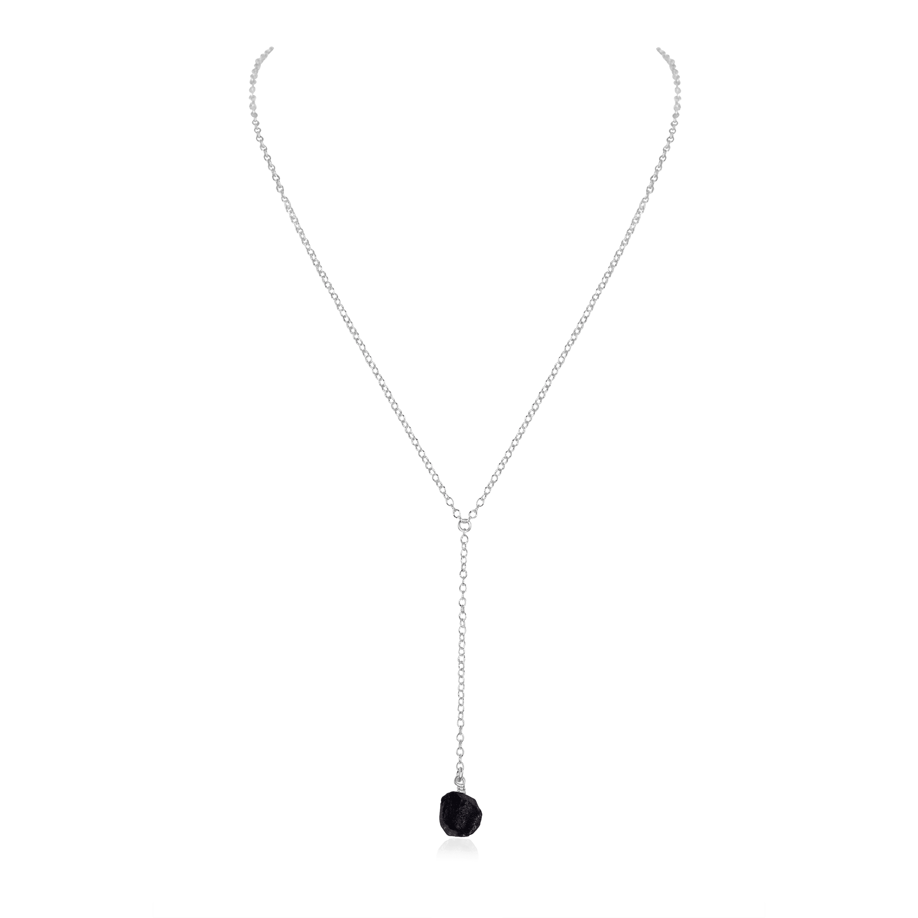 Raw Obsidian Crystal Lariat Necklace - Raw Obsidian Crystal Lariat Necklace - Sterling Silver - Luna Tide Handmade Crystal Jewellery